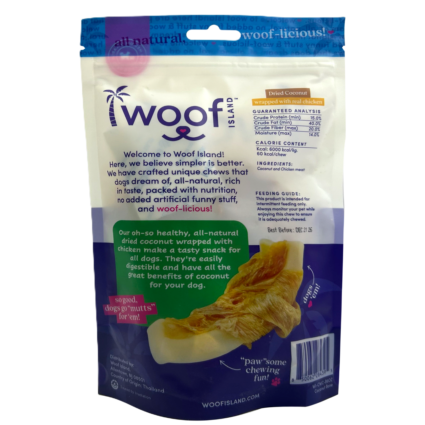 Woof Island Dried Coconut Wrapped with Real Chicken Dog Treats, 100% Natural, Rawhide-Free Tropical Treats for Dogs