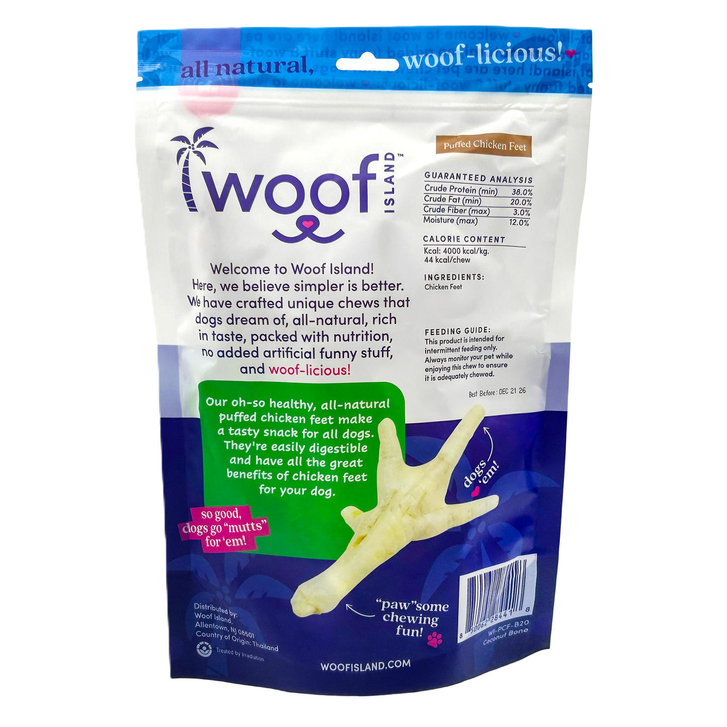 Woof Island Puffed Chicken Feet Dog Treats, 100% Natural, Rawhide-Free & High-Protein Chews for Dogs