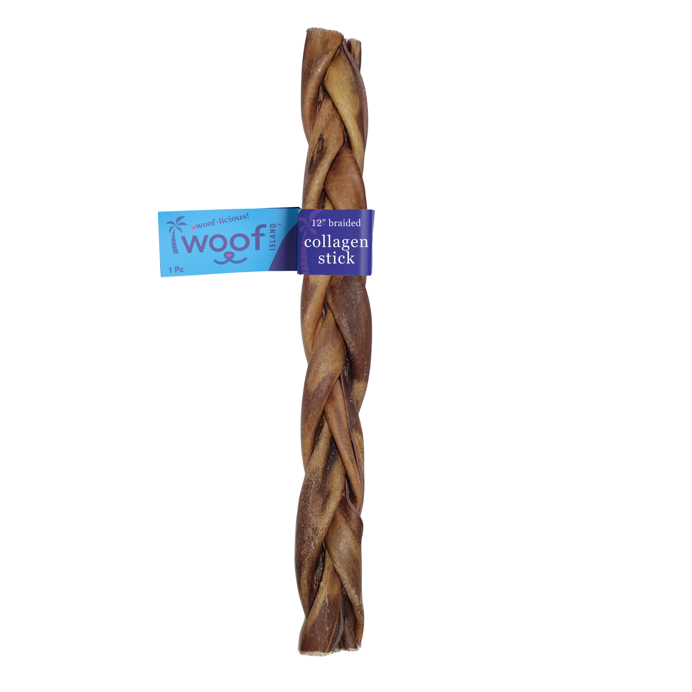 A braided dog chew collagen stick by iwoof, wrapped with a blue and purple paper band, shown on a plain white background.