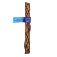 A braided dog chew collagen stick by iwoof, wrapped with a blue and purple paper band, shown on a plain white background.