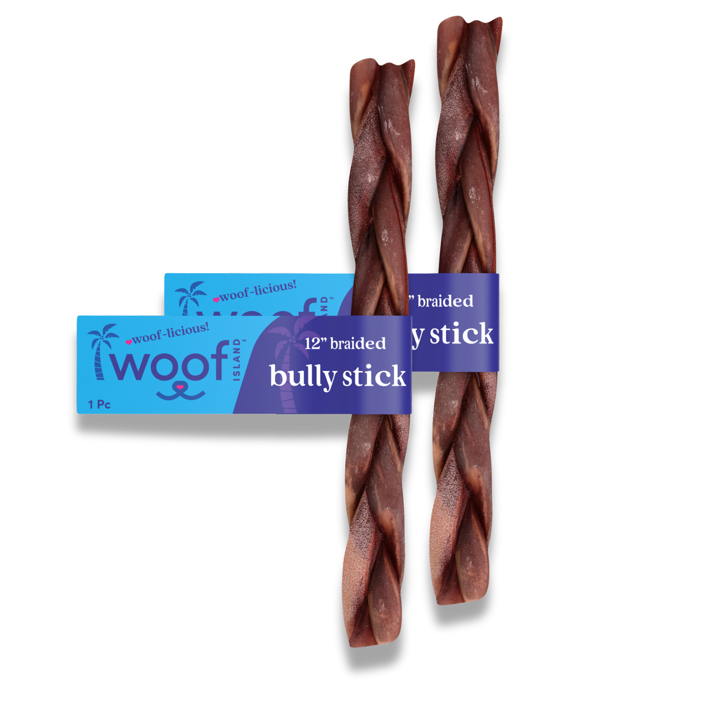 Woof Island Braided Beef Bully Stick, Odor-Free All Natural Single Ingredient Rawhide-Free Dog Chew for Aggressive Chewers 12 Inch