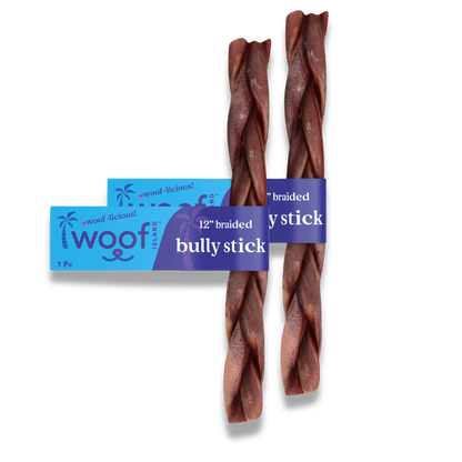 Woof Island Braided Beef Bully Stick, Odor-Free All Natural Single Ingredient Rawhide-Free Dog Chew for Aggressive Chewers 12 Inch