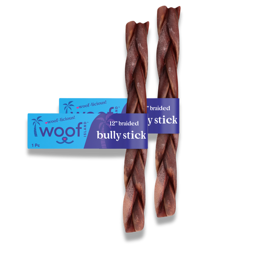 Woof Island Braided Beef Bully Stick, Odor-Free All Natural Single Ingredient Rawhide-Free Dog Chew for Aggressive Chewers 12 Inch
