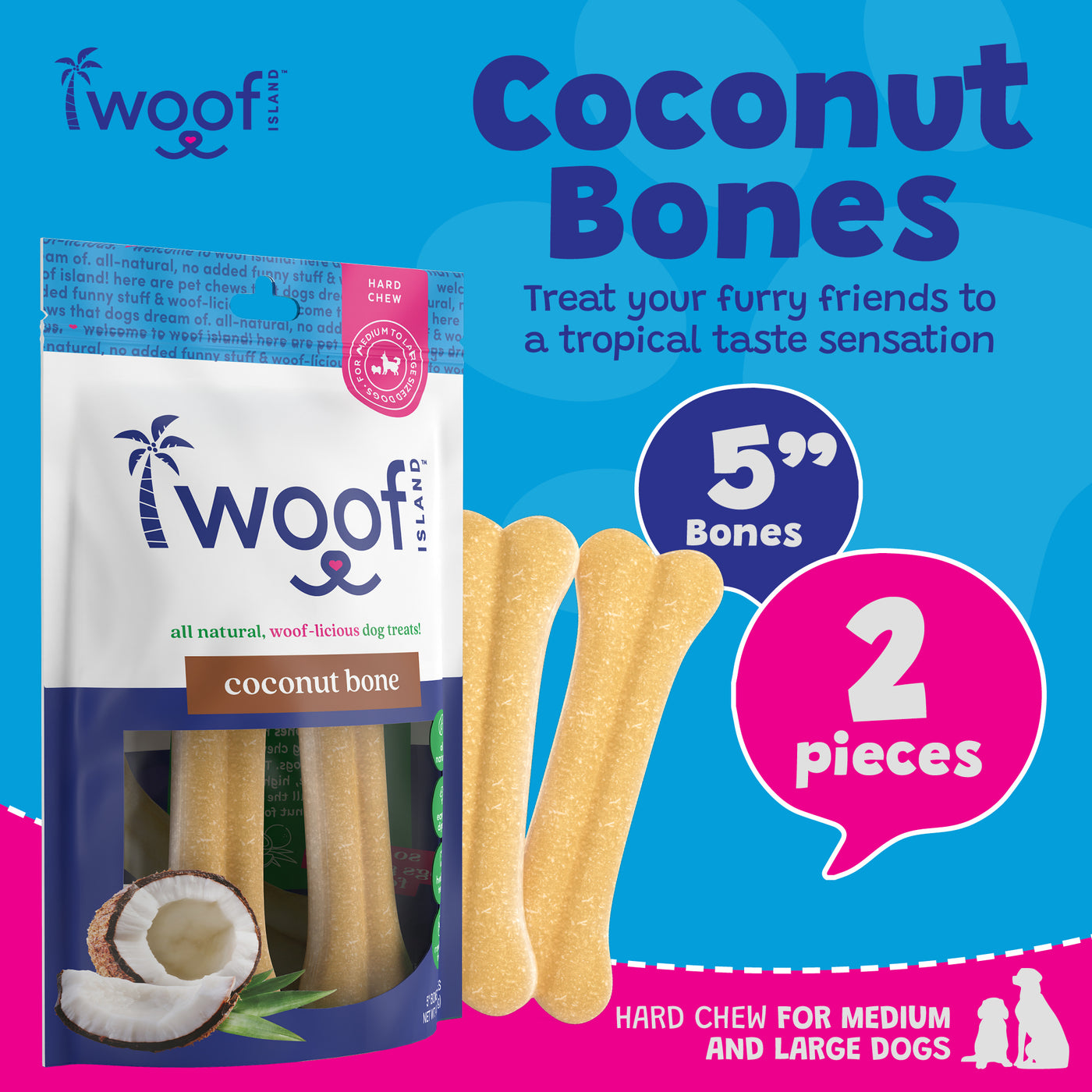 Woof Island Coconut Bone Dog Chew, Rawhide-Free & Highly Digestible Dental Treat for Dogs