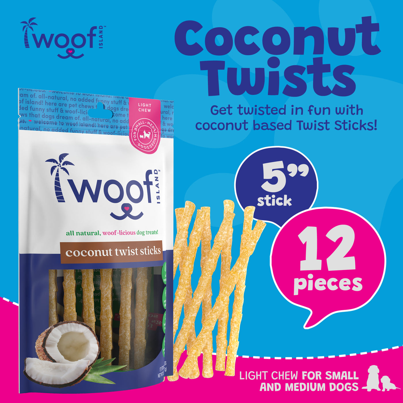 Woof Island Coconut Twist Stick Dog Chew, Rawhide-Free & Highly Digestible Dental Treat for Dogs