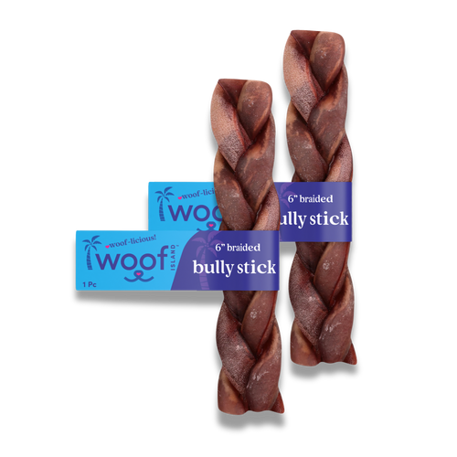 Woof Island Braided Beef Bully Stick, Odor-Free All Natural Single Ingredient Rawhide-Free Dog Chew for Aggressive Chewers 6 Inch