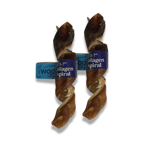 Woof Island Beef Collagen Spiral, Long-Lasting Natural Collagen Rawhide-Free Dog Chew for Aggressive Chewers 5–7 Inch