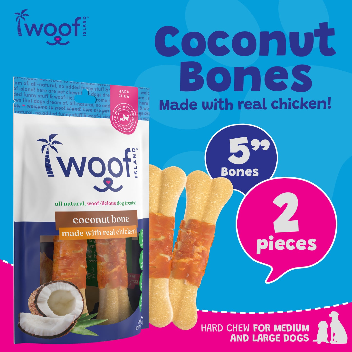 Woof Island Coconut Bone with Chicken Dog Chew, Rawhide-Free & Highly Digestible Dental Treat for Dogs