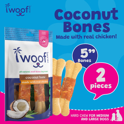 Woof Island Coconut Bone with Chicken Dog Chew, Rawhide-Free & Highly Digestible Dental Treat for Dogs