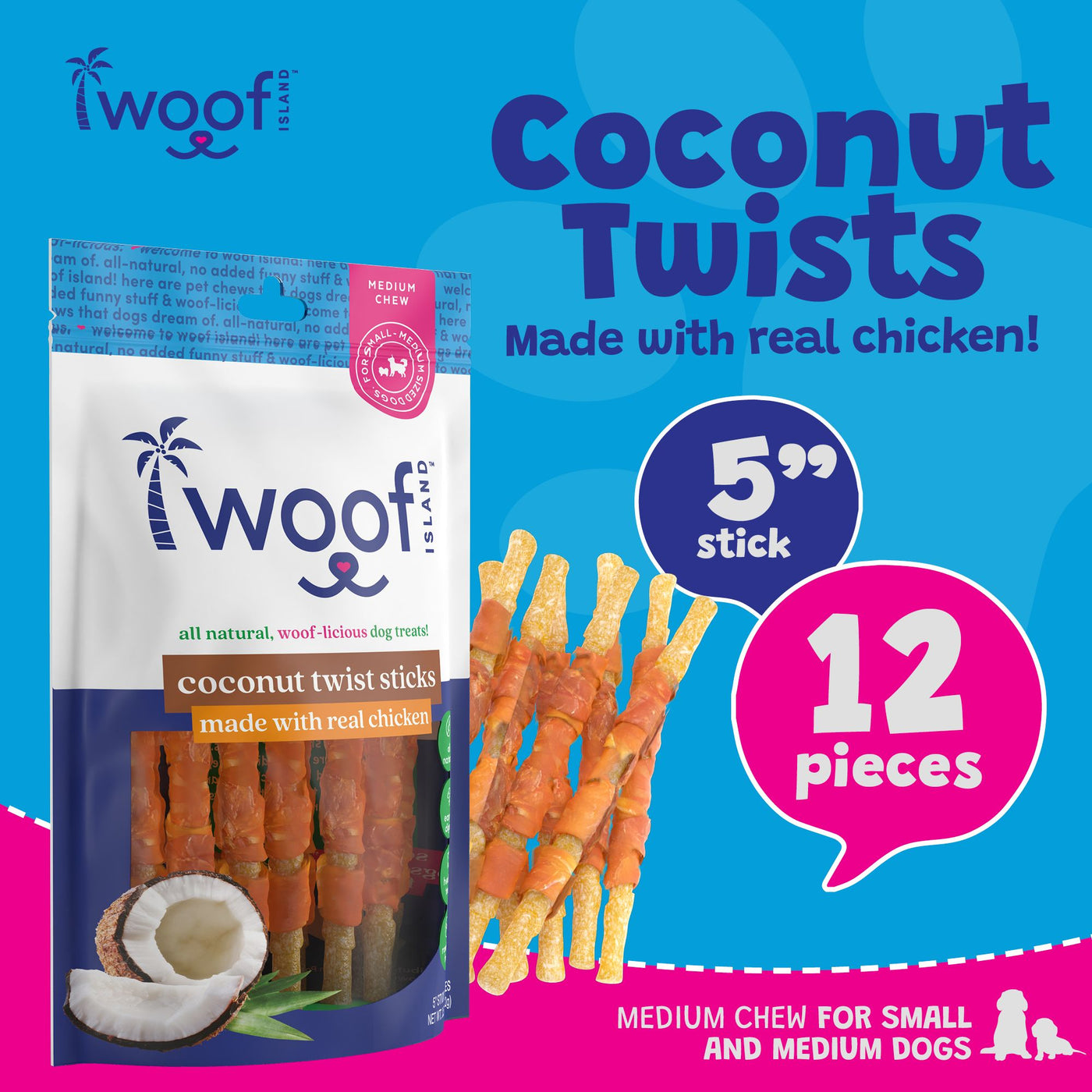 Woof Island Coconut Twist Stick with Chicken Dog Chew, Rawhide-Free & Highly Digestible Dental Treat for Dogs