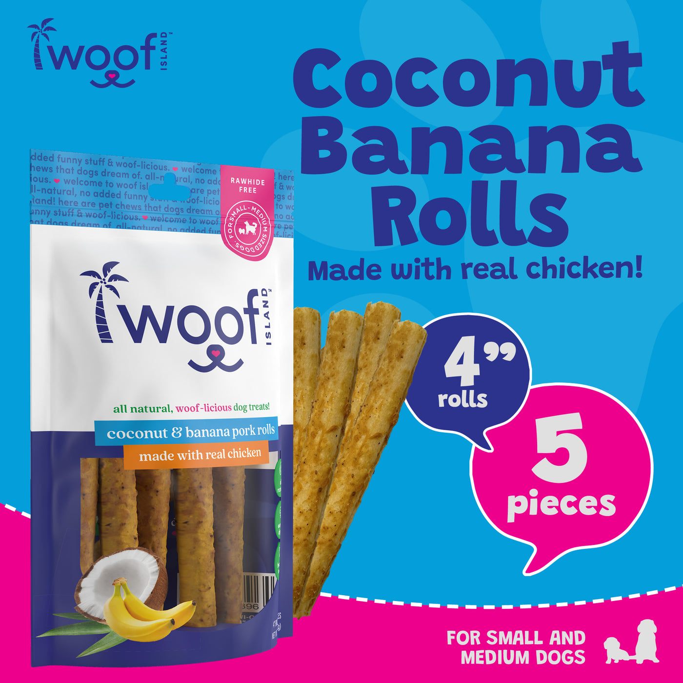 Woof Island Coconut & Banana Pork Rolls with Real Chicken Dog Chew, Rawhide-Free & Highly Digestible Dental Treat for Dogs