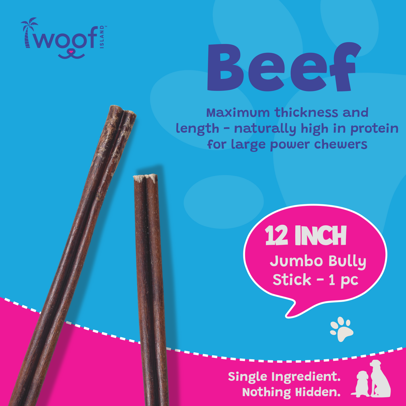 Woof Island Jumbo Beef Bully Stick, Thick Odor-Free All Natural Single Ingredient Dog Chew for Aggressive Chewers 12 Inch