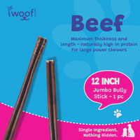 Woof Island Jumbo Beef Bully Stick, Thick Odor-Free All Natural Single Ingredient Dog Chew for Aggressive Chewers 12 Inch