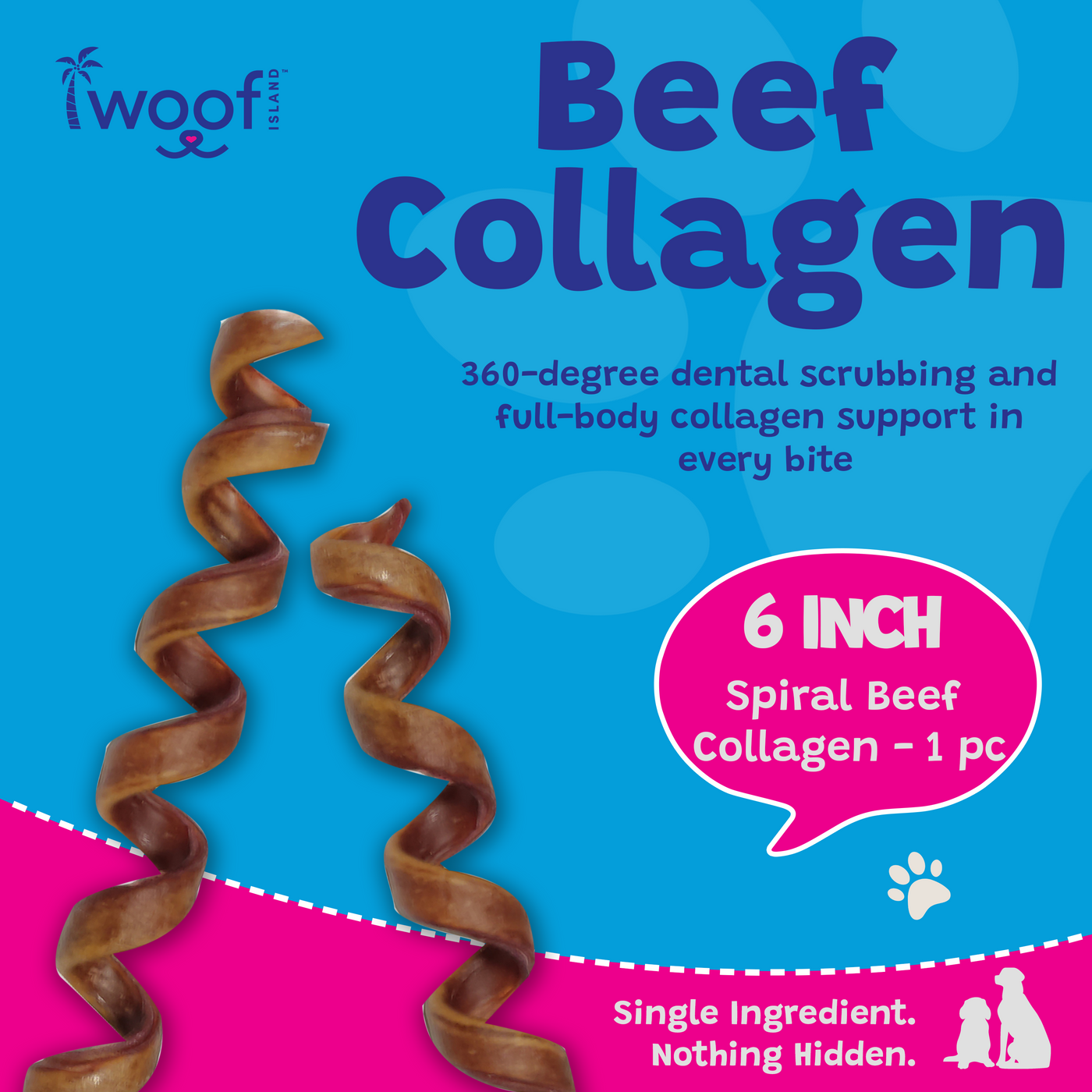 A dog chew product package graphic for Woof Island Beef Collagen. The design features a bright blue background with a pink lower section, showcasing two brown spiral beef collagen sticks.