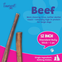 Woof Island Standard Beef Bully Stick, All Natural Single Ingredient Rawhide-Free Dog Chew for Aggressive Chewers 12 Inch