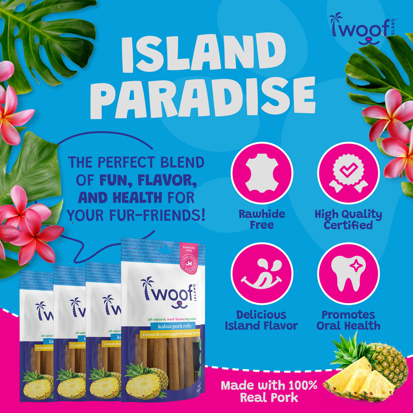 Woof Island Smoked Kalua Pork Rolls with Pineapple, High-Protein Dog Chews