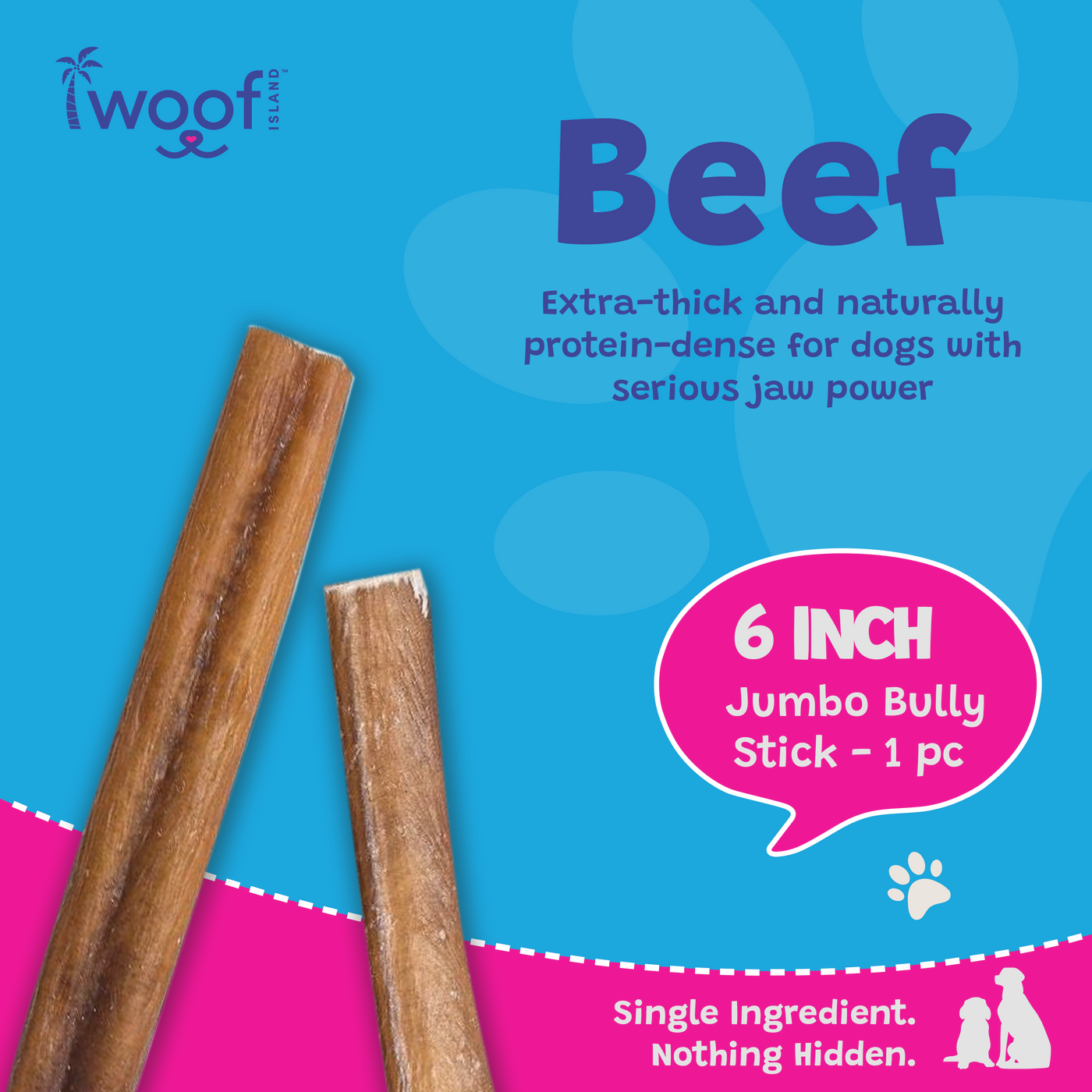 Woof Island Jumbo Beef Bully Stick, All Natural Single Ingredient Rawhide-Free Dog Chew for Aggressive Chewers 6 Inch