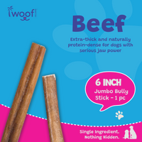 Woof Island Jumbo Beef Bully Stick, All Natural Single Ingredient Rawhide-Free Dog Chew for Aggressive Chewers 6 Inch