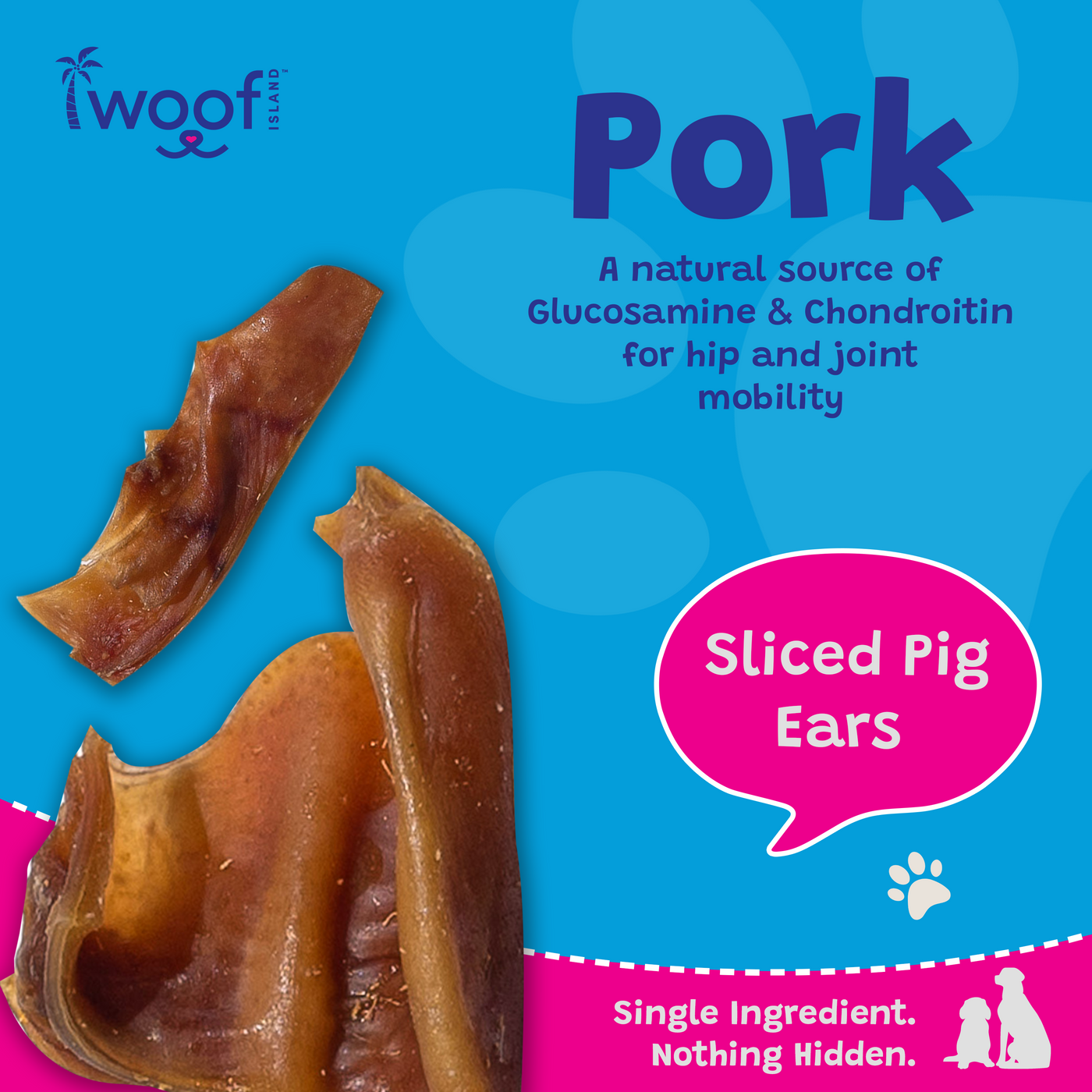 Woof Island Sliced Pig Ear Dog Chew, Natural High-Protein Crunchy Dental Treat for Dogs