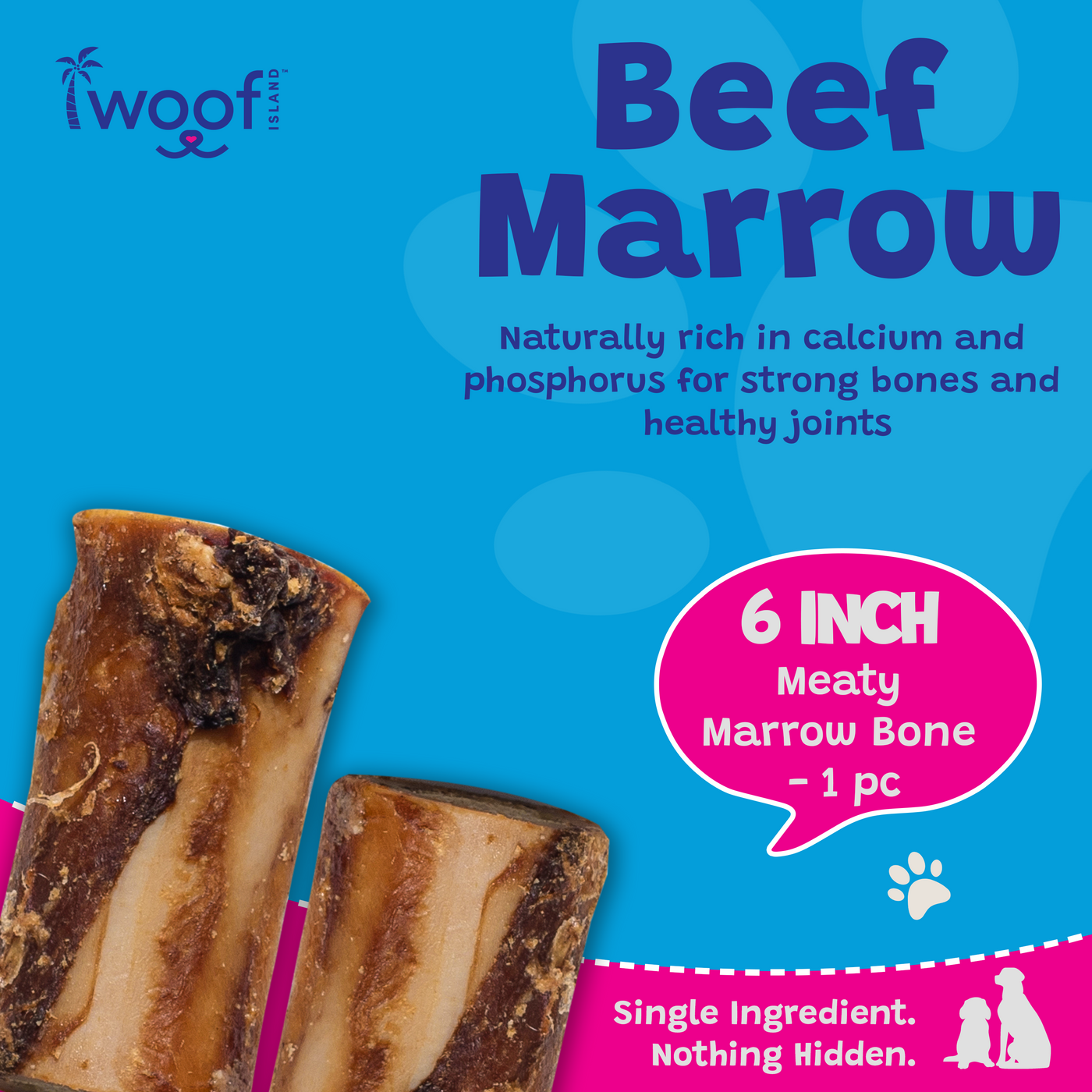 Woof Island Marrow Bone Dog Chew, Long-Lasting Natural Beef Bone for Aggressive Chewers 6 Inch