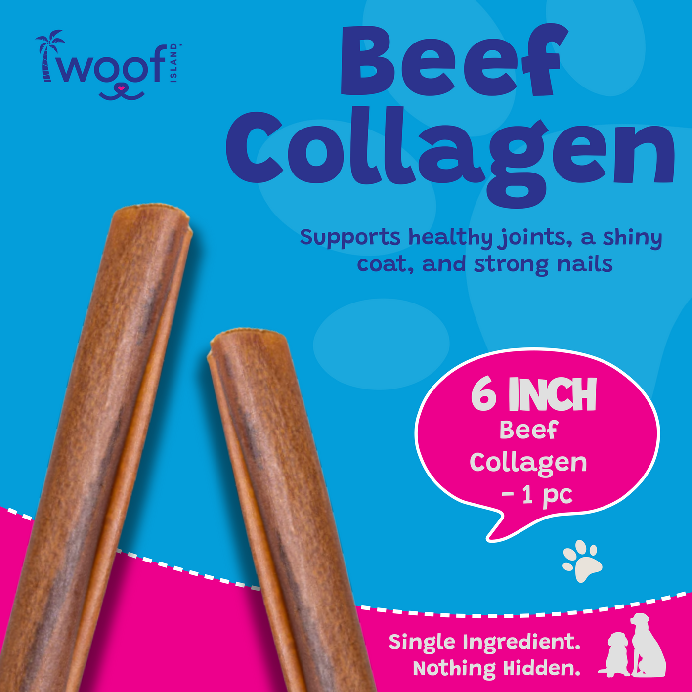 Woof Island Beef Collagen Stick, Long-Lasting Natural Collagen Rawhide-Free Dog Chew for Aggressive Chewers 6 Inch