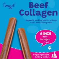 Woof Island Beef Collagen Stick, Long-Lasting Natural Collagen Rawhide-Free Dog Chew for Aggressive Chewers 6 Inch