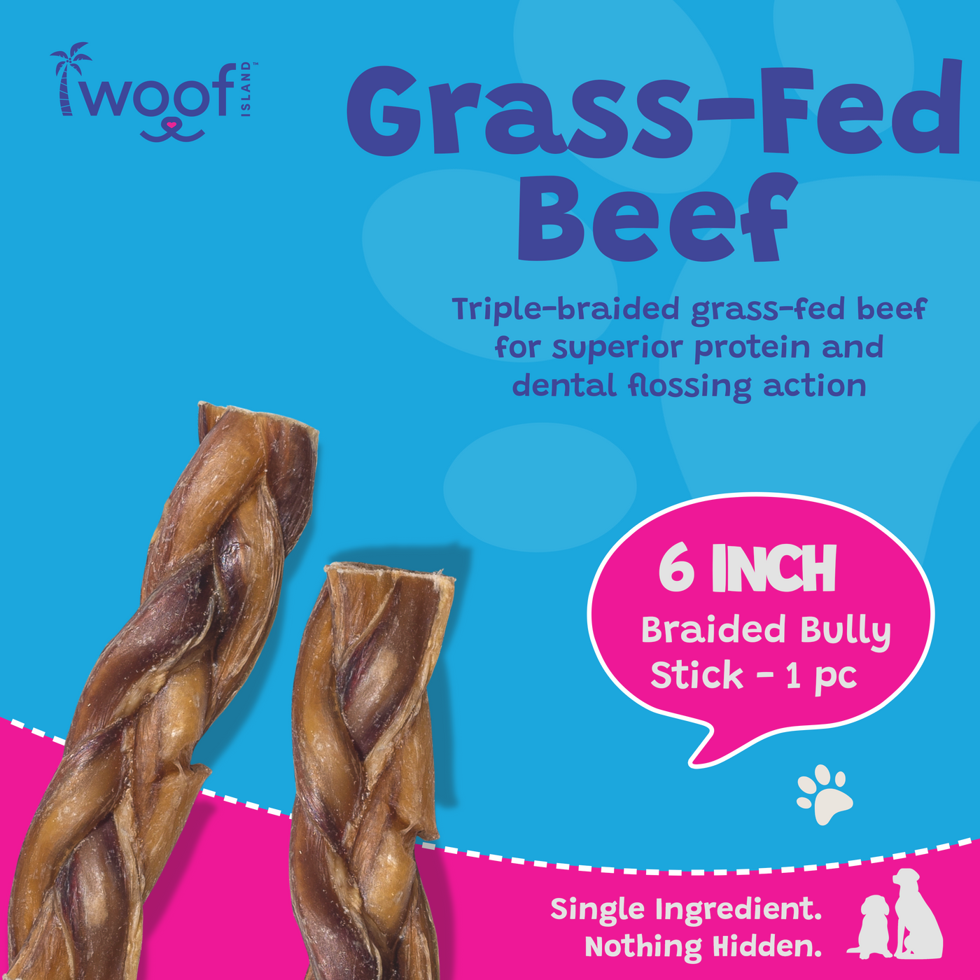 Woof Island Braided Beef Bully Stick, Odor-Free All Natural Single Ingredient Rawhide-Free Dog Chew for Aggressive Chewers 6 Inch