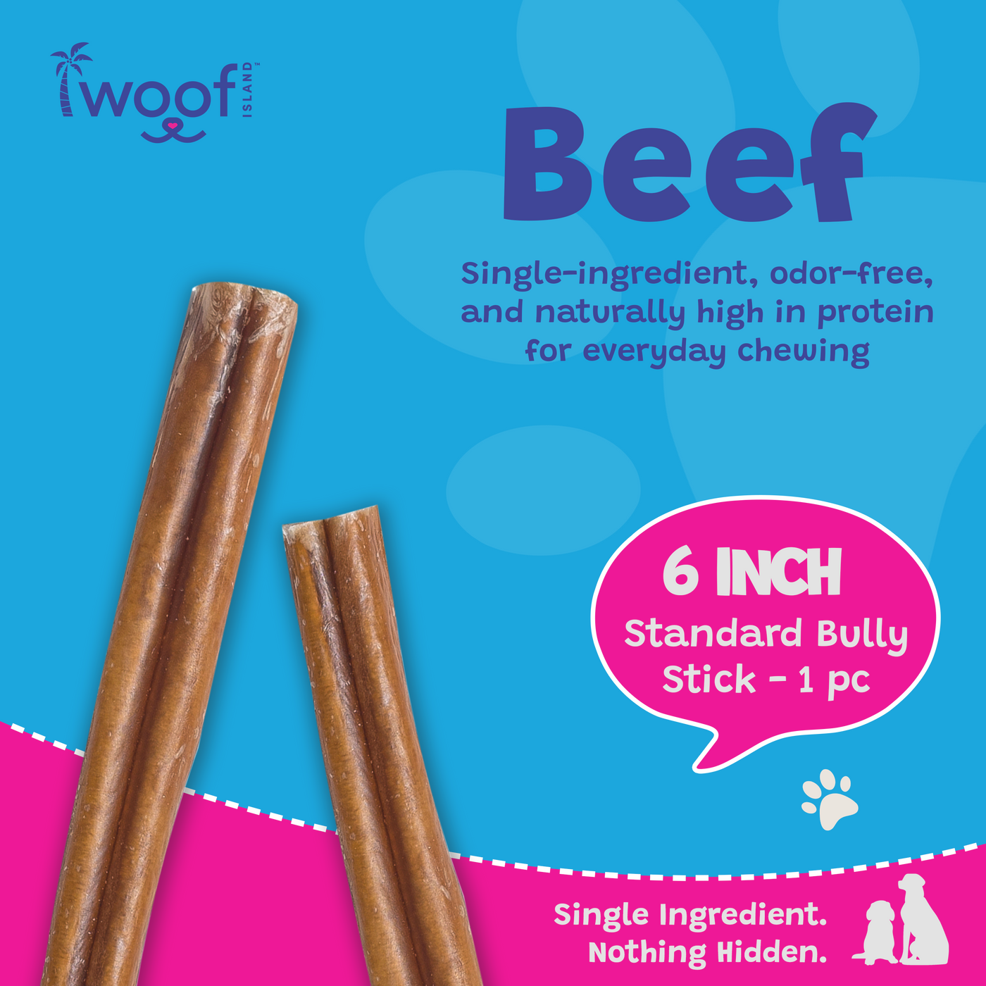 Woof Island Standard Beef Bully Stick, All Natural Single Ingredient Rawhide-Free Dog Chew for Aggressive Chewers 6 Inch