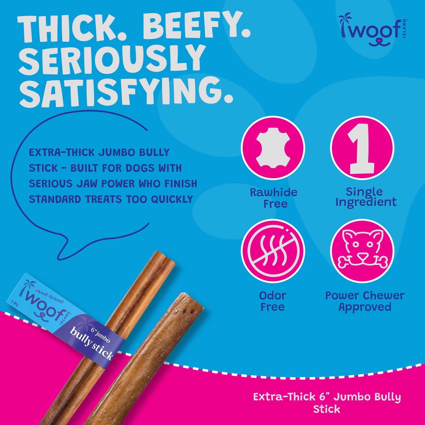 Woof Island Jumbo Beef Bully Stick, All Natural Single Ingredient Rawhide-Free Dog Chew for Aggressive Chewers 6 Inch