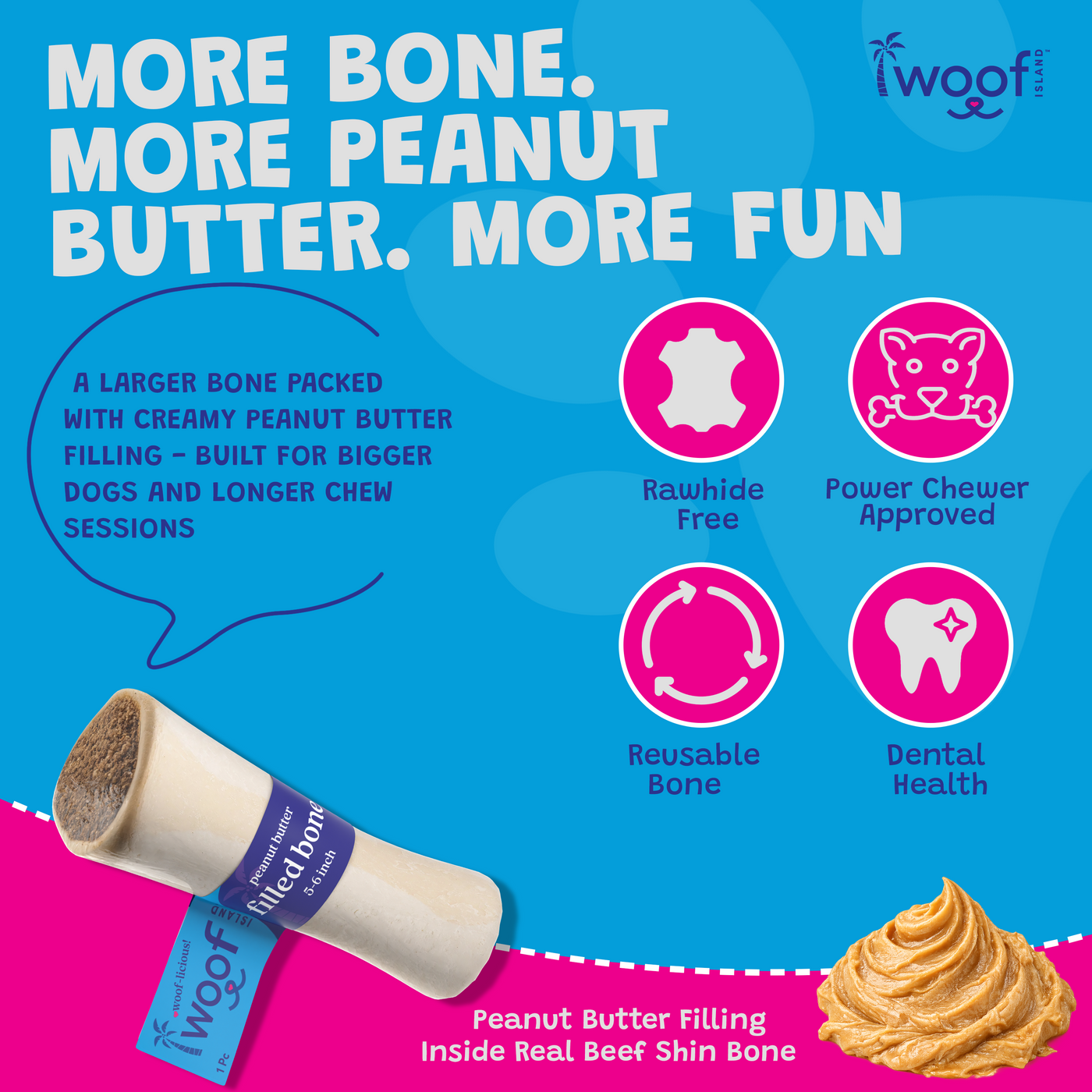 Woof Island Peanut Butter Filled Bone Dog Chew, Long-Lasting Natural Bone for Aggressive Chewers 5–6 Inch