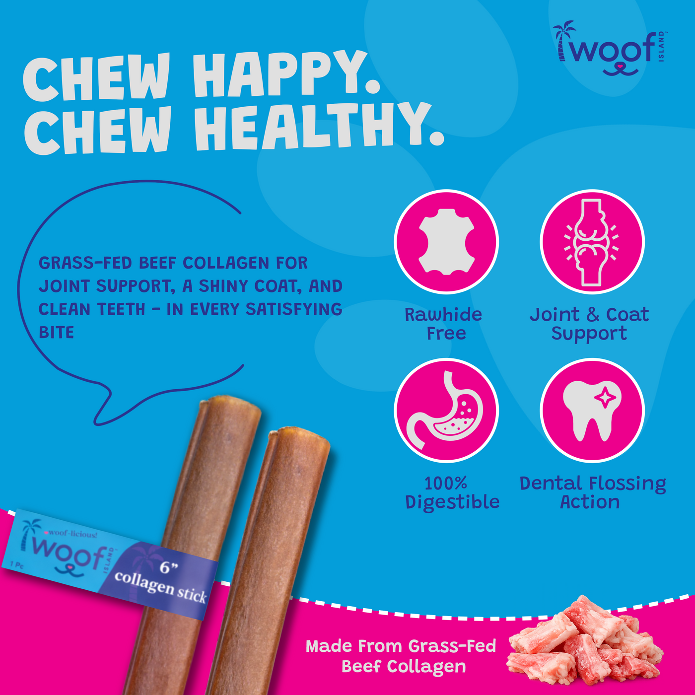 Woof Island Beef Collagen Stick, Long-Lasting Natural Collagen Rawhide-Free Dog Chew for Aggressive Chewers 6 Inch