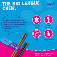 Woof Island Jumbo Beef Bully Stick, Thick Odor-Free All Natural Single Ingredient Dog Chew for Aggressive Chewers 12 Inch