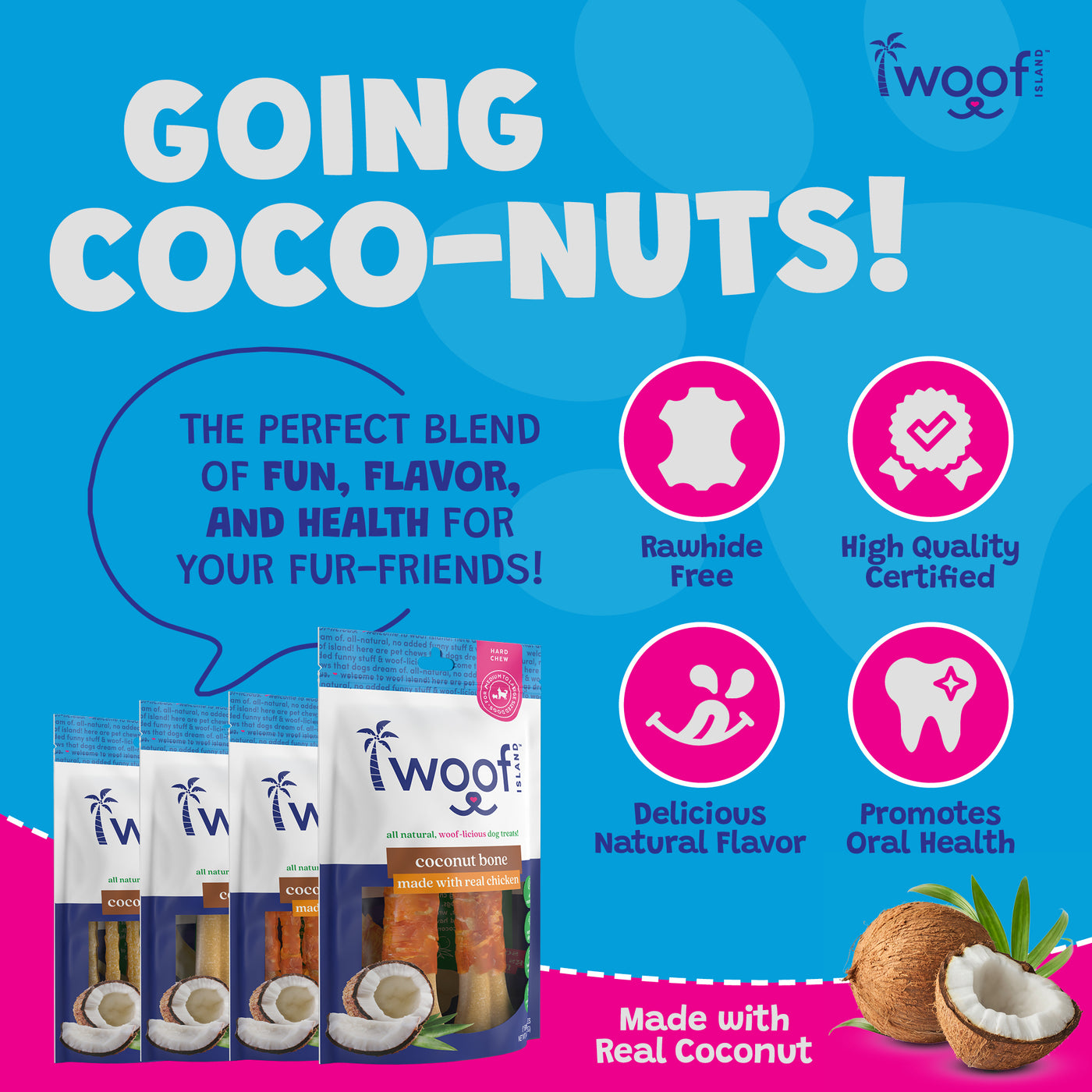 Woof Island Coconut Bone Dog Chew, Rawhide-Free & Highly Digestible Dental Treat for Dogs