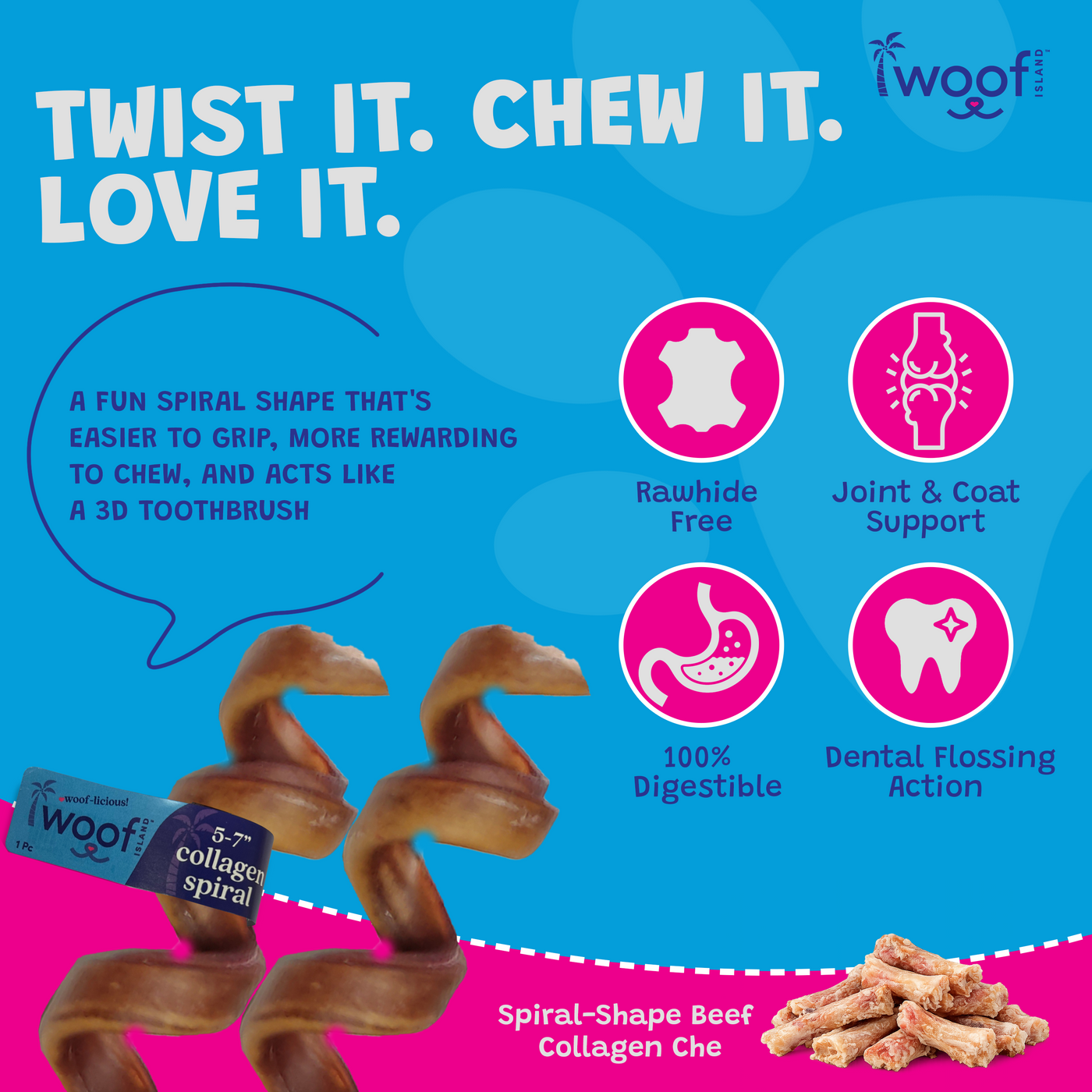 Woof Island Beef Collagen Spiral, Long-Lasting Natural Collagen Rawhide-Free Dog Chew for Aggressive Chewers 5–7 Inch