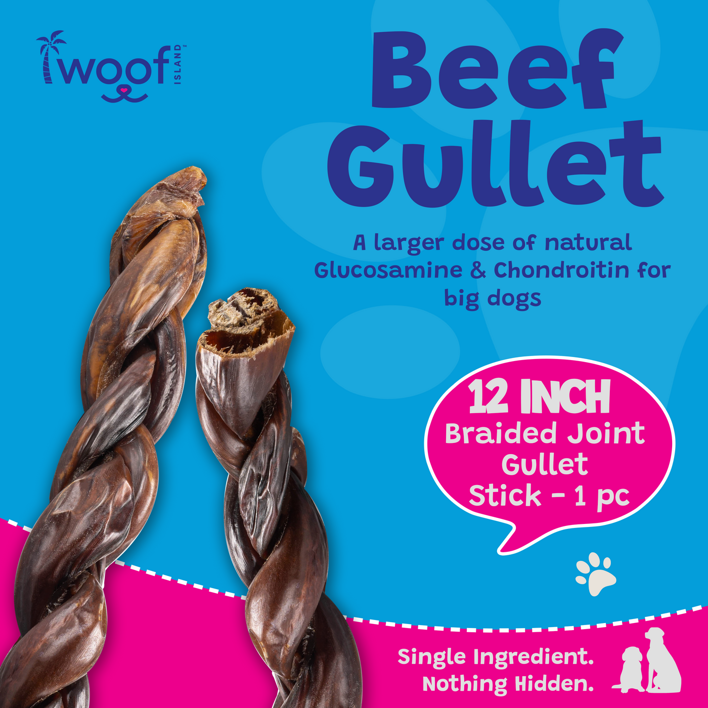 Woof Island Braided Joint Health Beef Gullet Stick, Natural Collagen-Rich Rawhide-Free Dog Chew 12 Inch