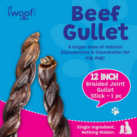Woof Island Braided Joint Health Beef Gullet Stick, Natural Collagen-Rich Rawhide-Free Dog Chew 12 Inch
