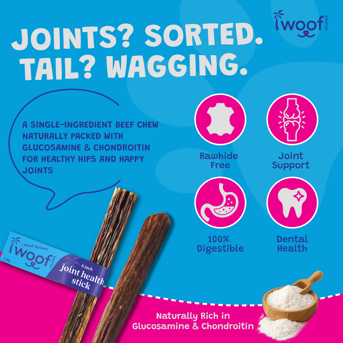 Woof Island Beef Gullet Joint Health Dog Chew, Rawhide-Free, High-Protein Natural Chew for Dogs 6 Inch