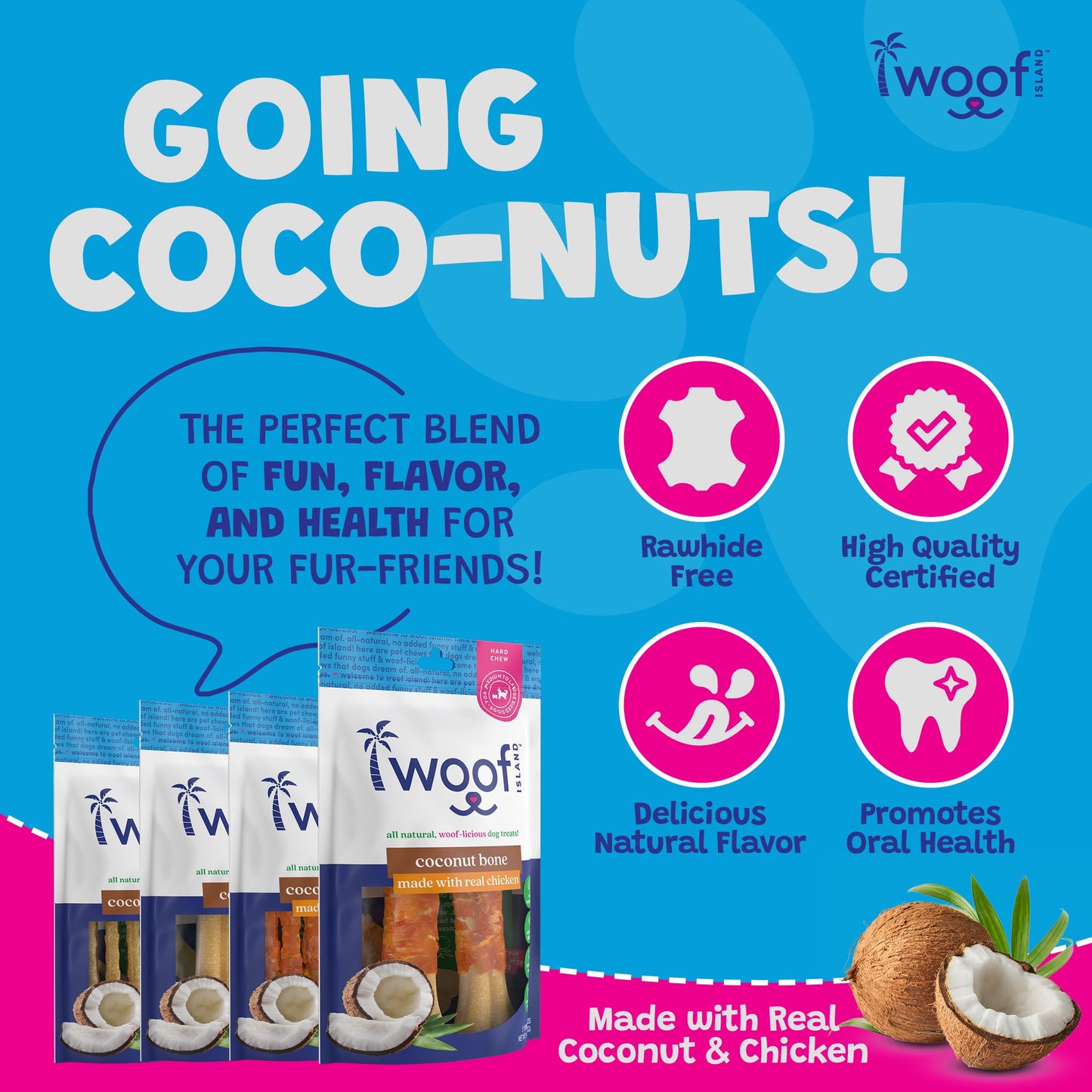 Woof Island Coconut Bone with Chicken Dog Chew, Rawhide-Free & Highly Digestible Dental Treat for Dogs