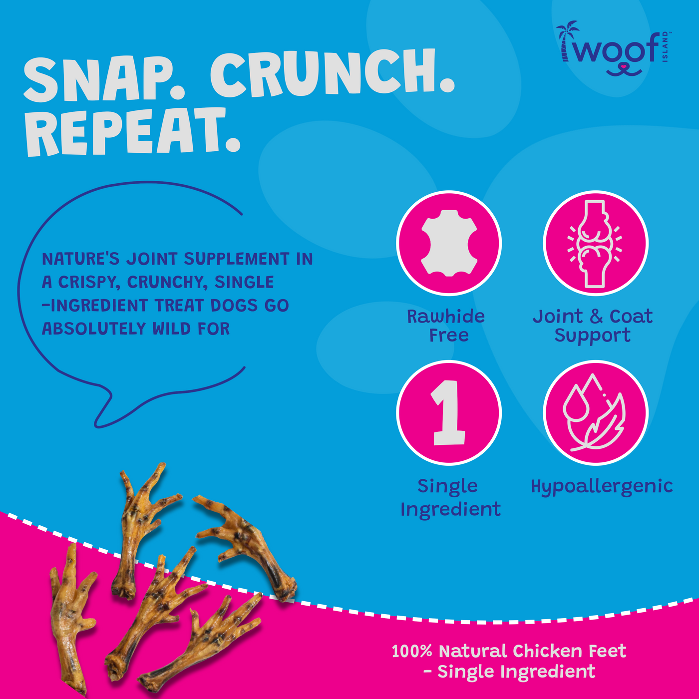Woof Island Natural Chicken Feet Dog Chew, High-Protein Crunchy Joint Support & Dental Treat for Dogs