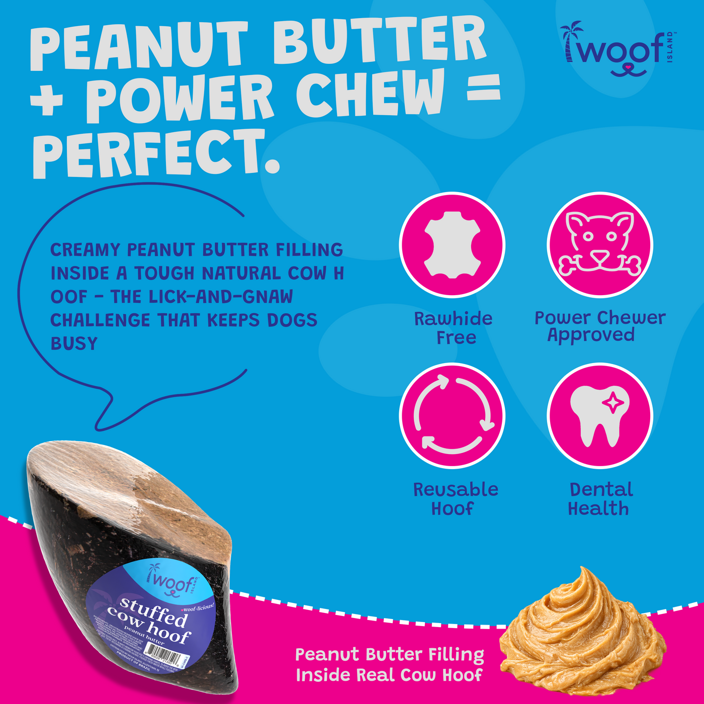 Woof Island Cow Hoof Peanut Butter Filled, Extra Tough Long-Lasting Natural Dog Chew for Aggressive Chewers