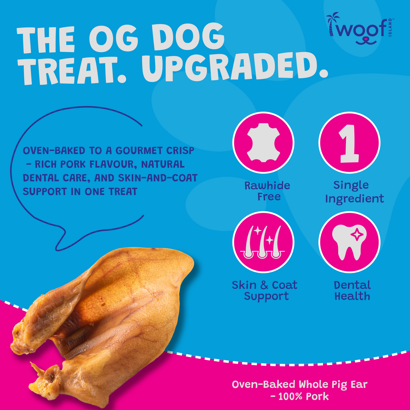 Woof Island Whole Pig Ear Dog Chew, Natural High-Protein Crunchy Dental Treat for Dogs