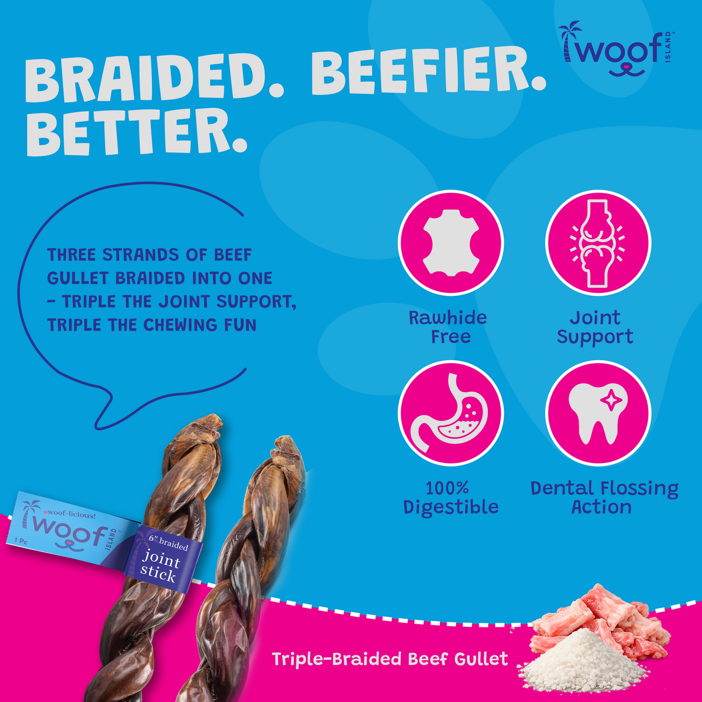 Woof Island Braided Beef Collagen Dog Chew, Long-Lasting Natural Collagen Chew for Aggressive Chewers 6 Inch