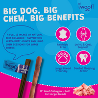 Woof Island Beef Collagen Stick, Long-Lasting Natural Collagen Rawhide-Free Dog Chew for Aggressive Chewers 12 Inch