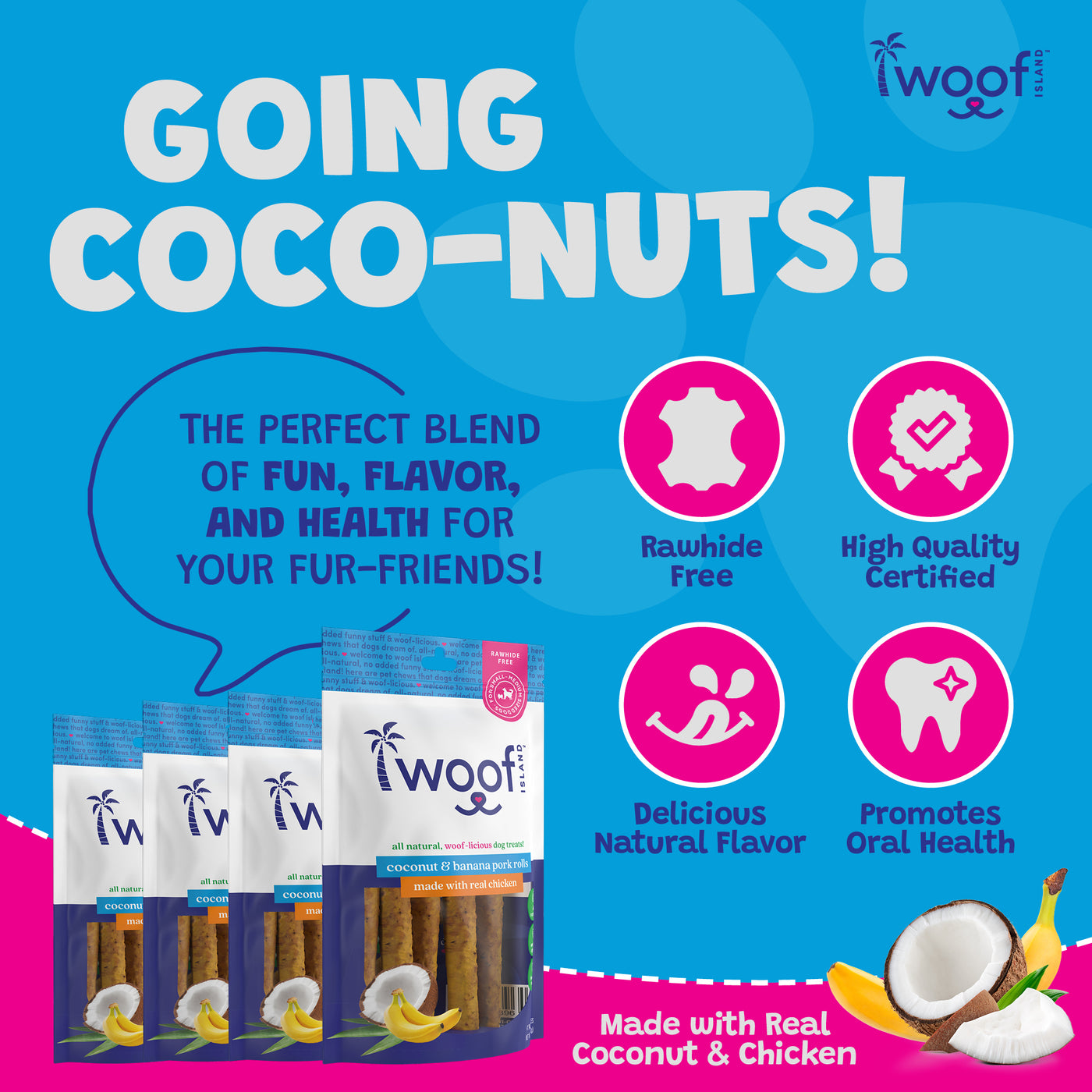 Woof Island Coconut & Banana Pork Rolls with Real Chicken Dog Chew, Rawhide-Free & Highly Digestible Dental Treat for Dogs