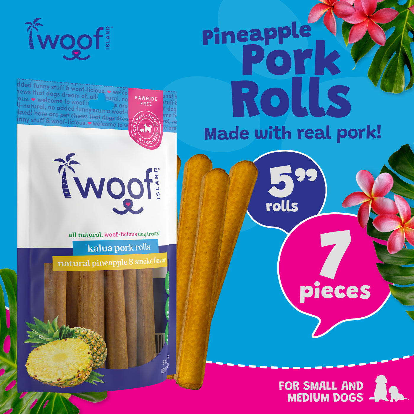 Woof Island Smoked Kalua Pork Rolls with Pineapple, High-Protein Dog Chews