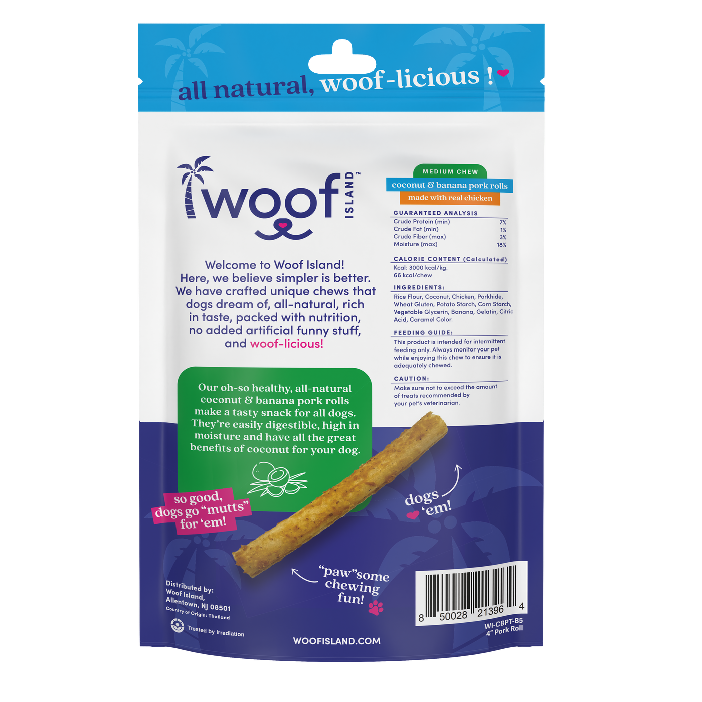 Woof Island Coconut & Banana Pork Rolls with Real Chicken Dog Chew, Rawhide-Free & Highly Digestible Dental Treat for Dogs