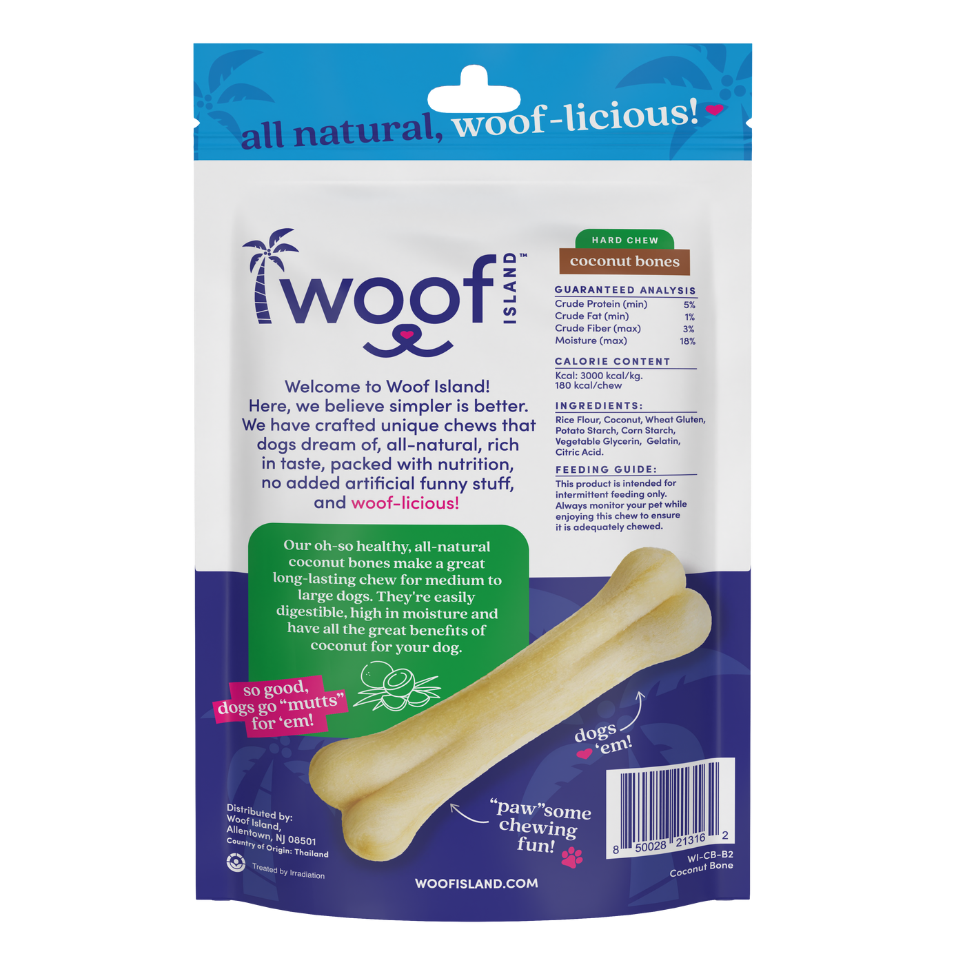 Woof Island Coconut Bone Dog Chew, Rawhide-Free & Highly Digestible Dental Treat for Dogs