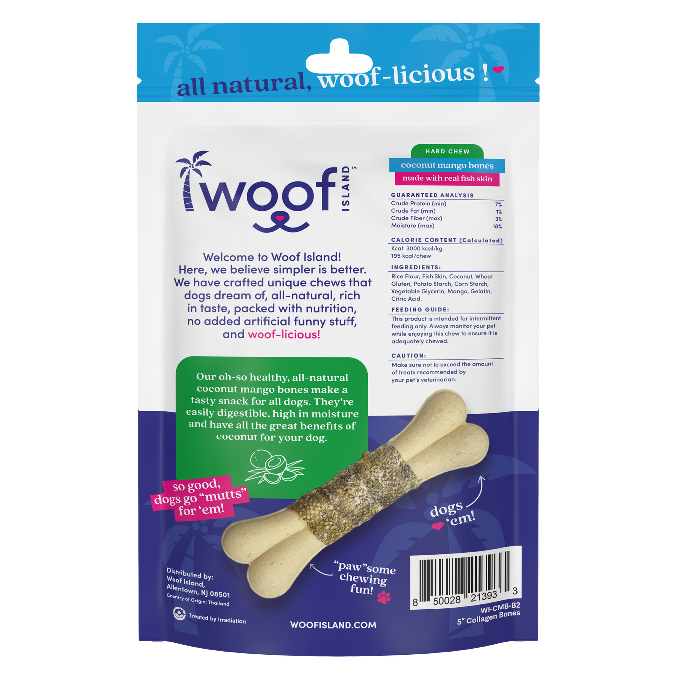 Woof Island Coconut Mango Bones with Real Fish Skin Dog Chew, Rawhide-Free & Highly Digestible Dental Treat for Dogs