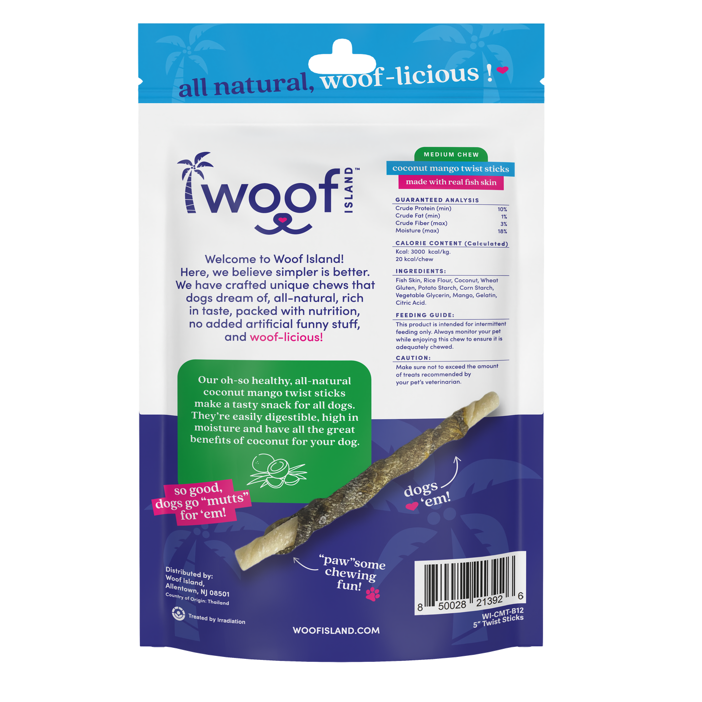 Woof Island Coconut Mango Twist Sticks with Real Fish Skin Dog Chew, Rawhide-Free & Highly Digestible Dental Treat for Dogs