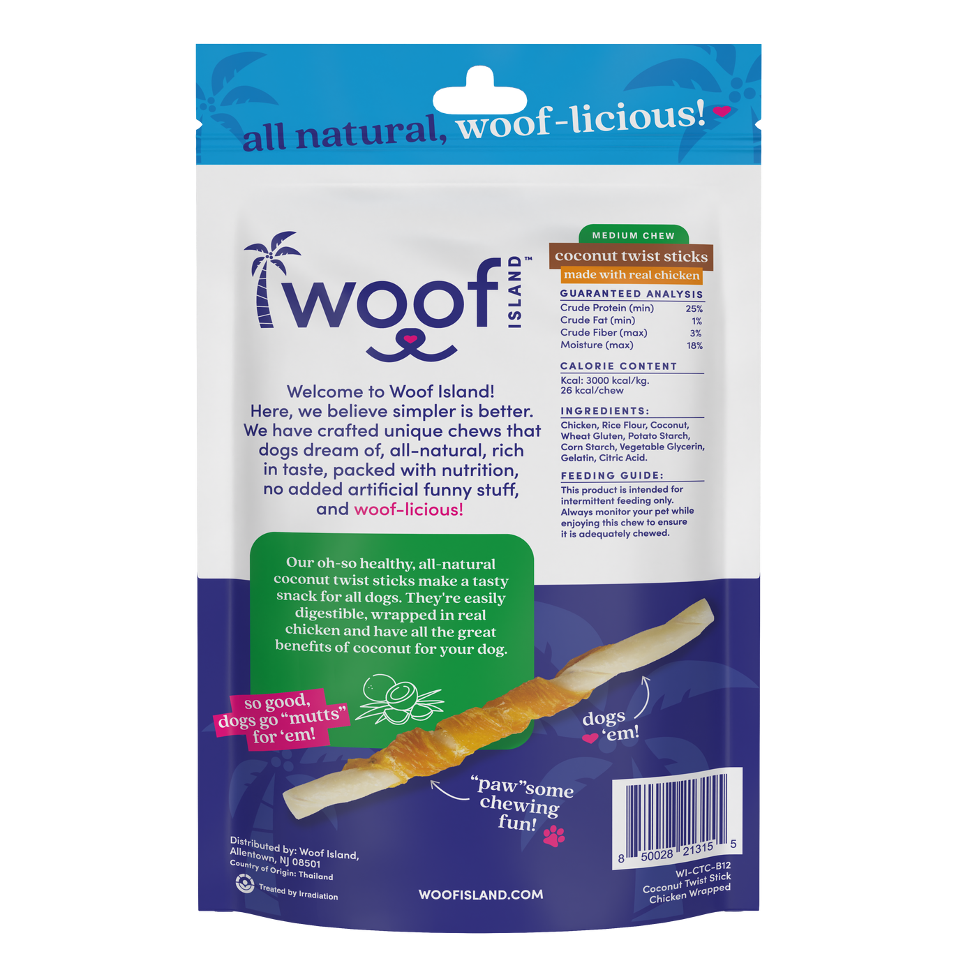 Woof Island Coconut Twist Stick with Chicken Dog Chew, Rawhide-Free & Highly Digestible Dental Treat for Dogs